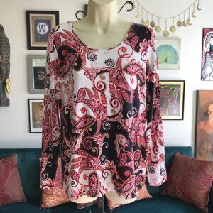 CHICO'S size 1 / M Red Cream & Black Paisley Stretch Jersey Tee T-Shirt